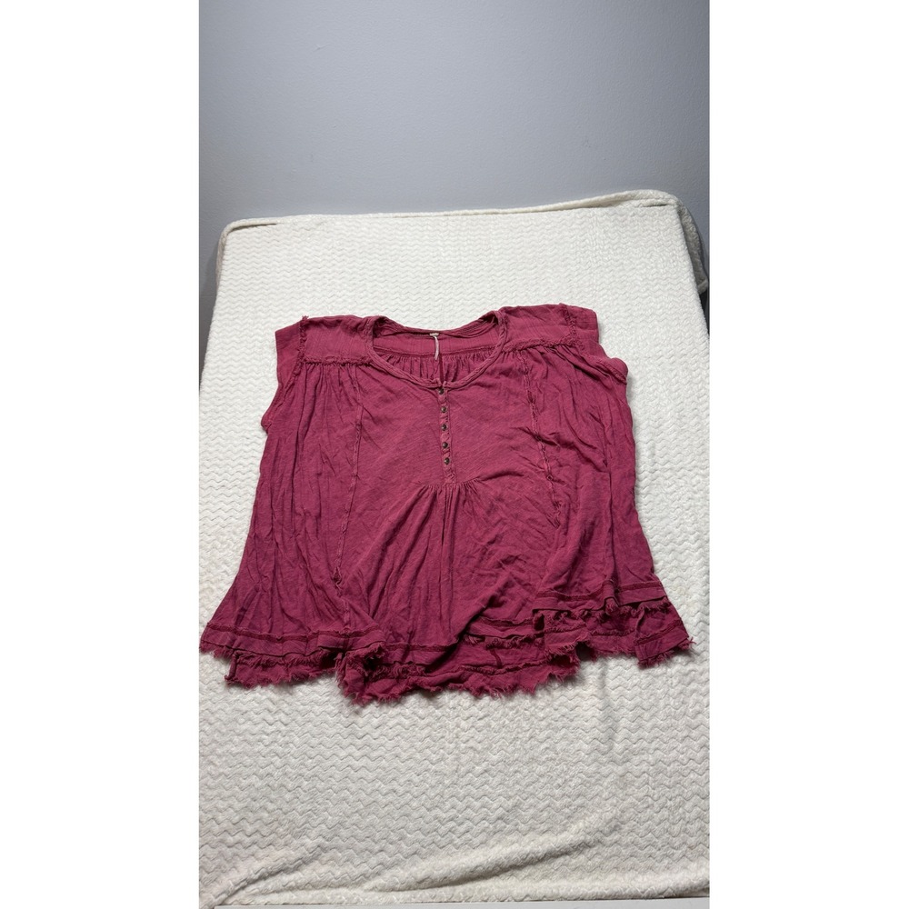 Free People Womens XS Pink Linen Blend Sleeveless Henley Boho Raw Hem Top
